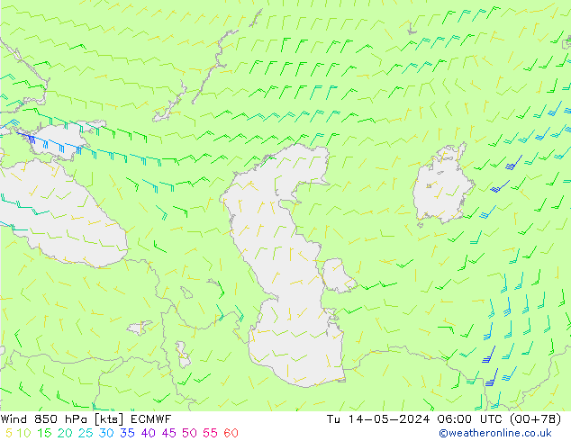 Wind 850 hPa ECMWF Tu 14.05.2024 06 UTC