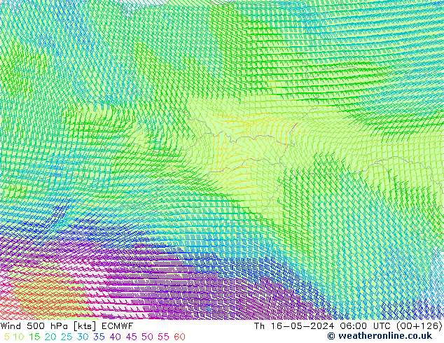 Wind 500 hPa ECMWF Čt 16.05.2024 06 UTC
