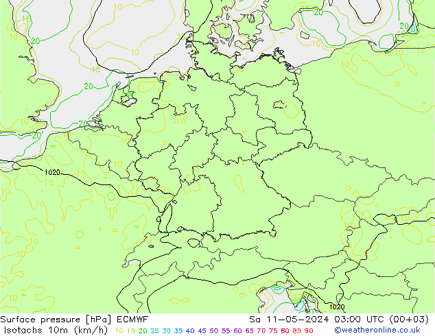 Isotachs (kph) ECMWF сб 11.05.2024 03 UTC