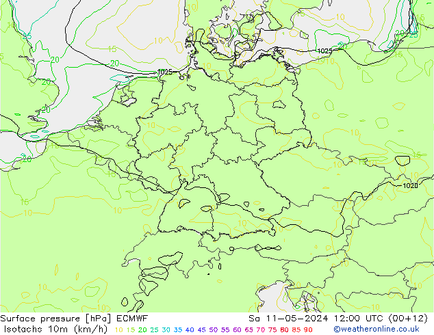 Isotaca (kph) ECMWF sáb 11.05.2024 12 UTC