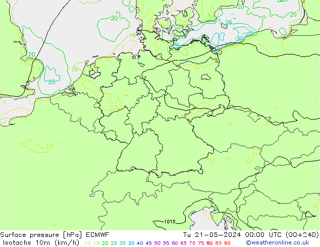 Isotachs (kph) ECMWF  21.05.2024 00 UTC
