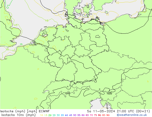 Isotachen (mph) ECMWF Sa 11.05.2024 21 UTC