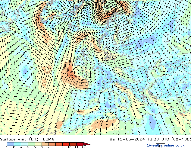 Surface wind (bft) ECMWF St 15.05.2024 12 UTC