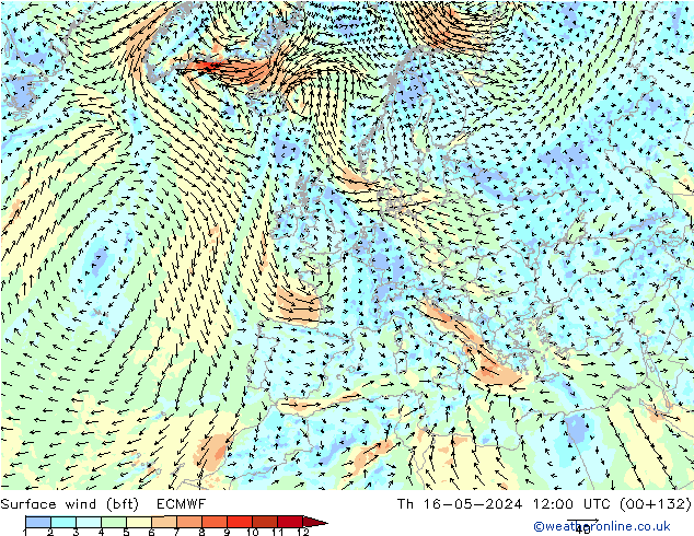 Rüzgar 10 m (bft) ECMWF Per 16.05.2024 12 UTC