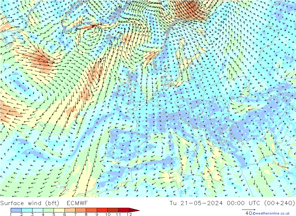 Wind 10 m (bft) ECMWF di 21.05.2024 00 UTC