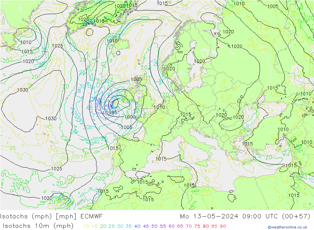Isotachs (mph) ECMWF Seg 13.05.2024 09 UTC