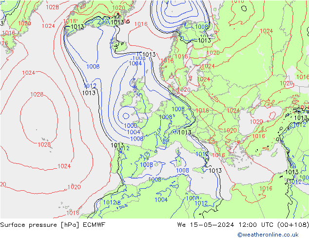Pressione al suolo ECMWF mer 15.05.2024 12 UTC