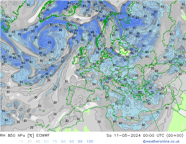 Humedad rel. 850hPa ECMWF sáb 11.05.2024 00 UTC