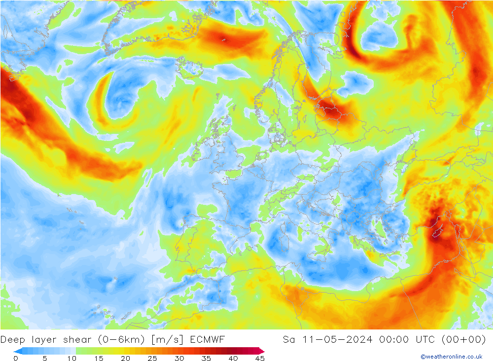 Deep layer shear (0-6km) ECMWF za 11.05.2024 00 UTC