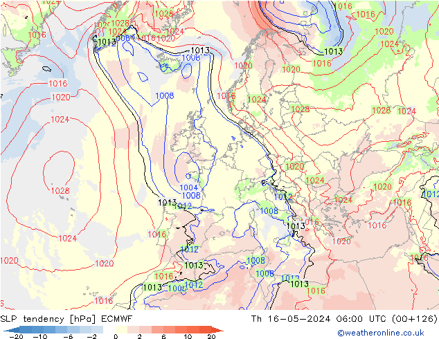 SLP tendency ECMWF Th 16.05.2024 06 UTC