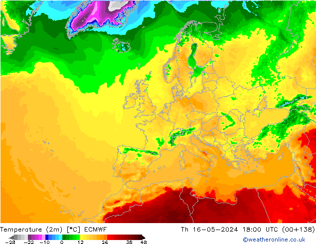 Temperatuurkaart (2m) ECMWF do 16.05.2024 18 UTC