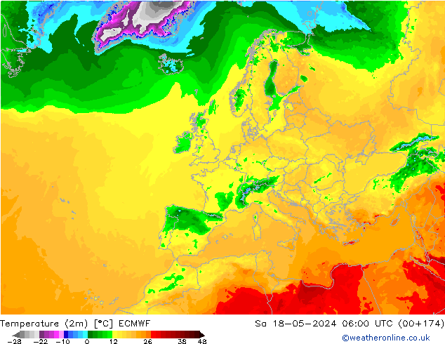 Temperatura (2m) ECMWF sab 18.05.2024 06 UTC