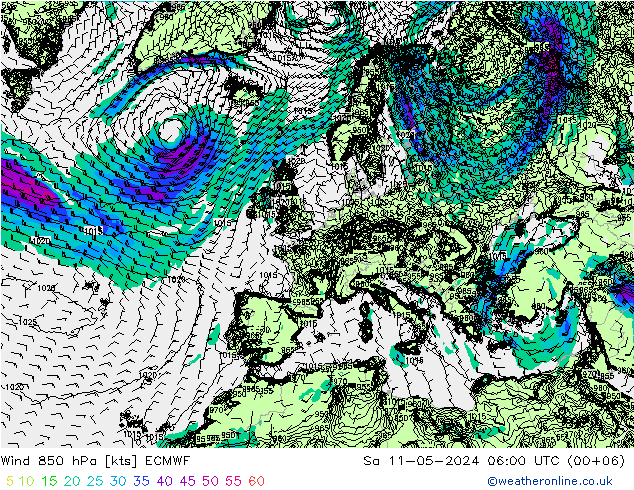 Wind 850 hPa ECMWF Sa 11.05.2024 06 UTC