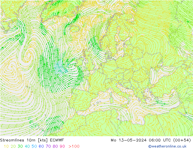Stroomlijn 10m ECMWF ma 13.05.2024 06 UTC