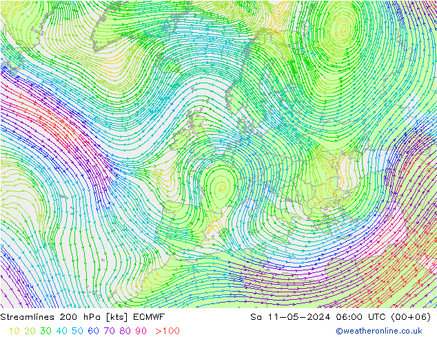Linha de corrente 200 hPa ECMWF Sáb 11.05.2024 06 UTC