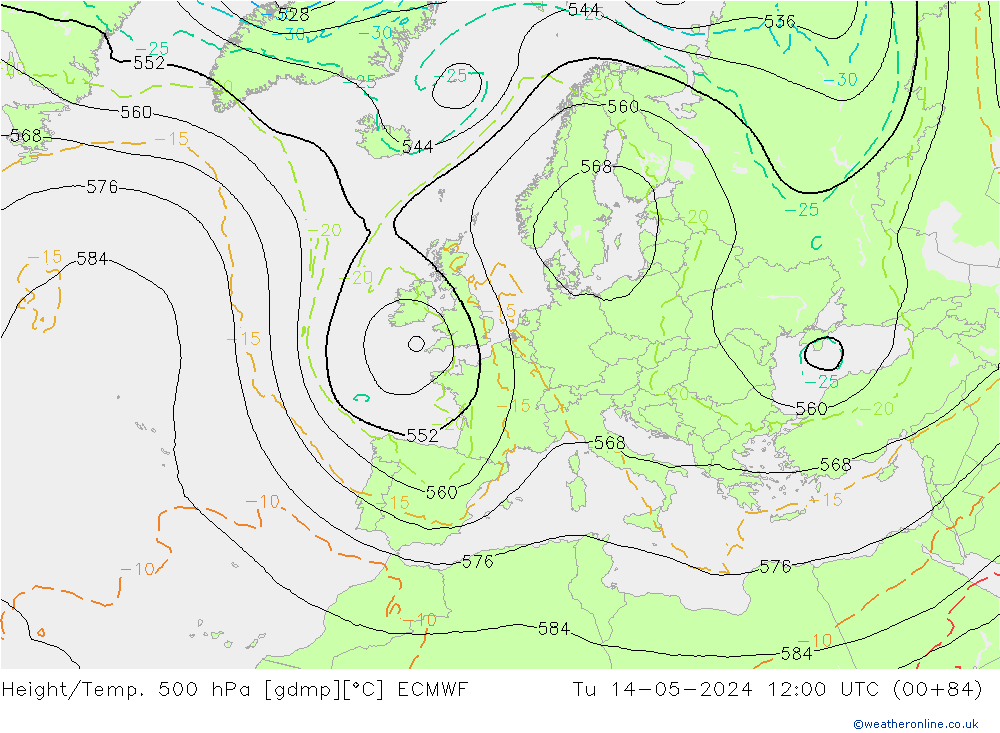 Z500/Rain (+SLP)/Z850 ECMWF Di 14.05.2024 12 UTC