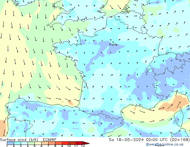 Rüzgar 10 m (bft) ECMWF Cts 18.05.2024 00 UTC