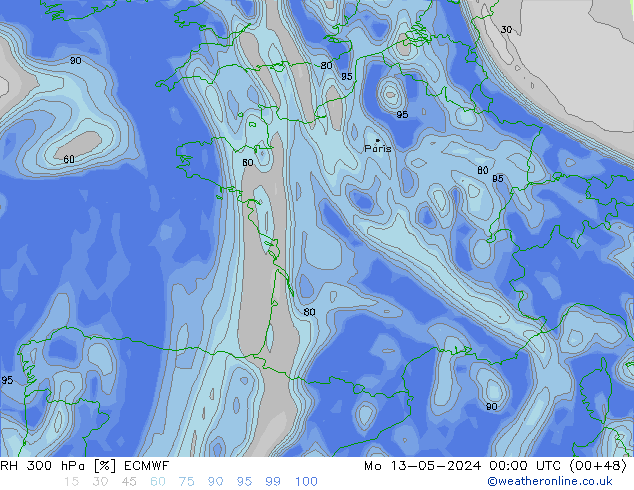 Humidité rel. 300 hPa ECMWF lun 13.05.2024 00 UTC
