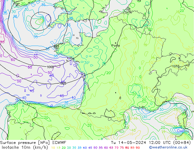 Isotachs (kph) ECMWF Tu 14.05.2024 12 UTC