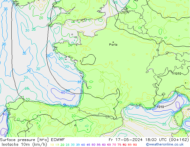 Isotachs (kph) ECMWF ven 17.05.2024 18 UTC