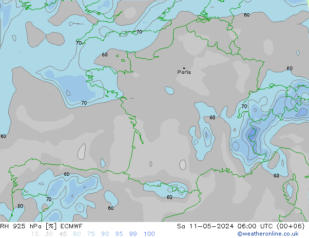 Humidité rel. 925 hPa ECMWF sam 11.05.2024 06 UTC