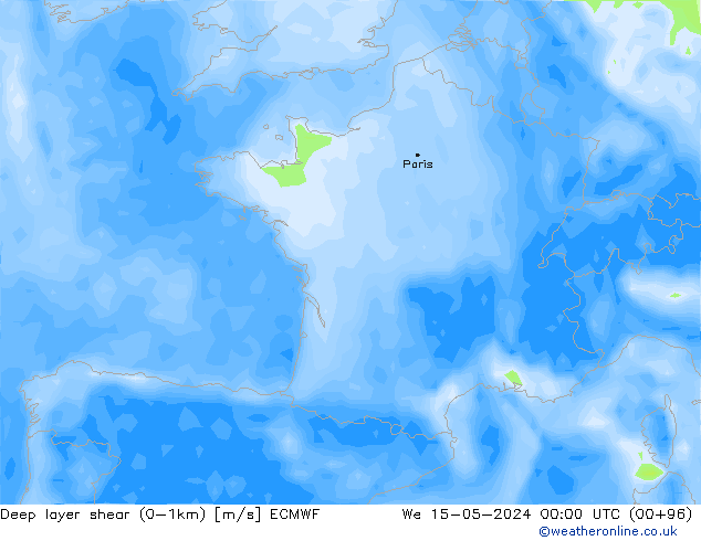 Deep layer shear (0-1km) ECMWF St 15.05.2024 00 UTC