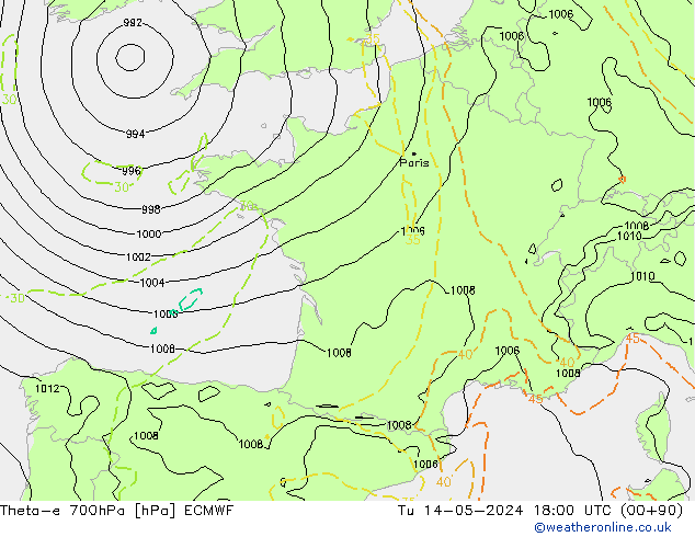 Theta-e 700hPa ECMWF Tu 14.05.2024 18 UTC