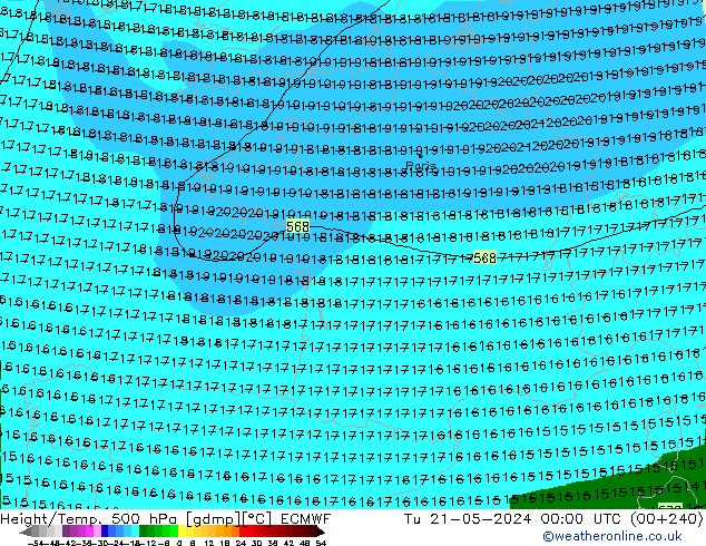 Height/Temp. 500 hPa ECMWF wto. 21.05.2024 00 UTC