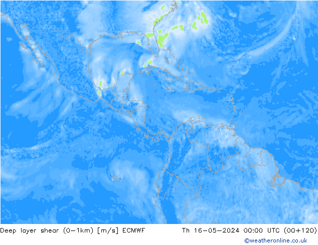 Deep layer shear (0-1km) ECMWF do 16.05.2024 00 UTC