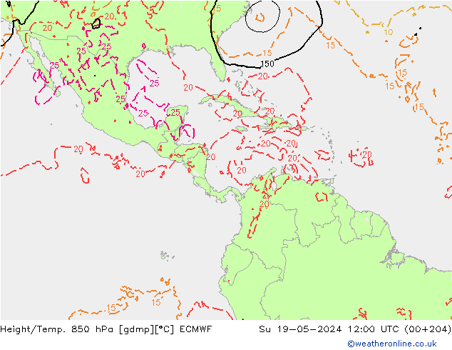 Height/Temp. 850 гПа ECMWF Вс 19.05.2024 12 UTC