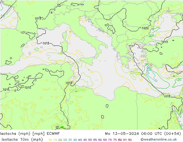 Isotachen (mph) ECMWF ma 13.05.2024 06 UTC