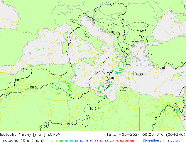 Isotachs (mph) ECMWF Út 21.05.2024 00 UTC