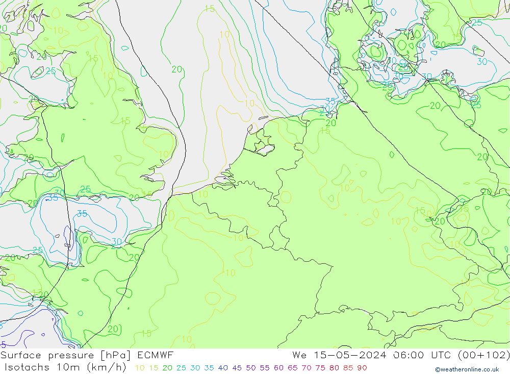 Isotachs (kph) ECMWF mer 15.05.2024 06 UTC