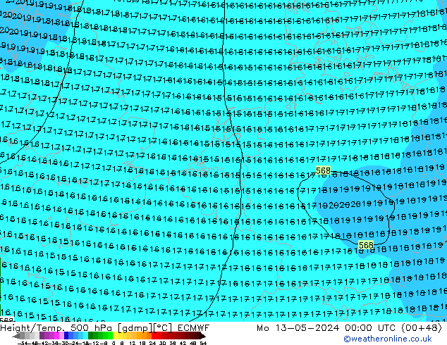 Z500/Rain (+SLP)/Z850 ECMWF Mo 13.05.2024 00 UTC