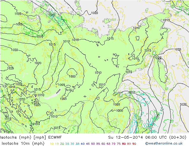 Izotacha (mph) ECMWF nie. 12.05.2024 06 UTC