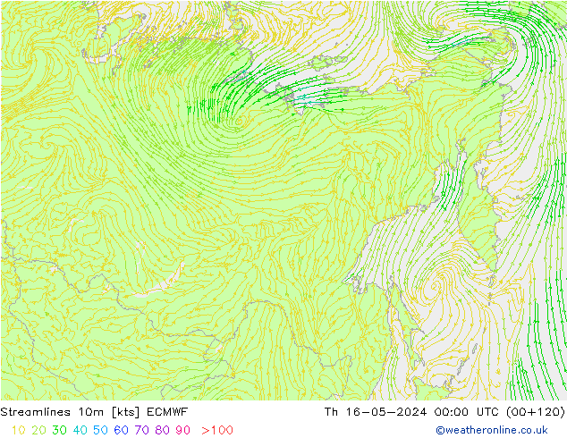 ветер 10m ECMWF чт 16.05.2024 00 UTC