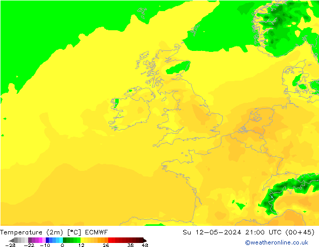 Temperature (2m) ECMWF Su 12.05.2024 21 UTC