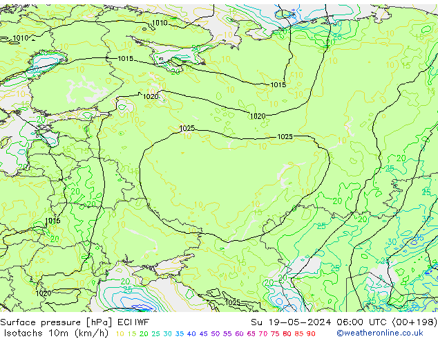 Isotachs (kph) ECMWF Su 19.05.2024 06 UTC