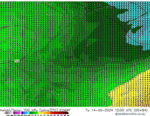 Height/Temp. 700 hPa ECMWF Tu 14.05.2024 12 UTC