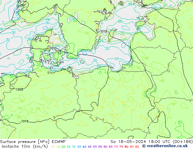 Isotachen (km/h) ECMWF za 18.05.2024 18 UTC