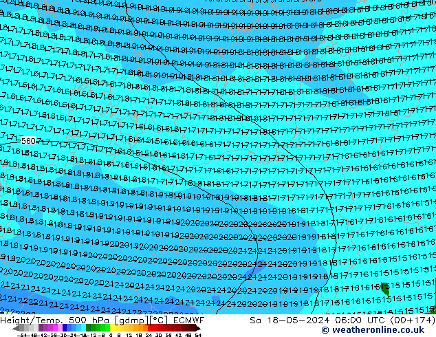 Hoogte/Temp. 500 hPa ECMWF za 18.05.2024 06 UTC