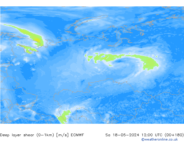 Deep layer shear (0-1km) ECMWF sab 18.05.2024 12 UTC