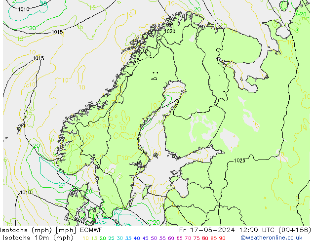 Isotachs (mph) ECMWF пт 17.05.2024 12 UTC