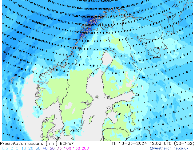 Precipitation accum. ECMWF Qui 16.05.2024 12 UTC