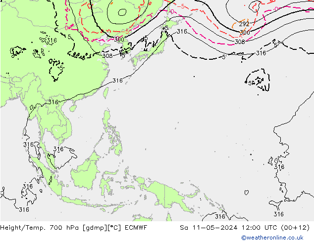 Height/Temp. 700 hPa ECMWF Sa 11.05.2024 12 UTC