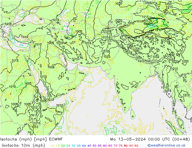 Isotachen (mph) ECMWF ma 13.05.2024 00 UTC