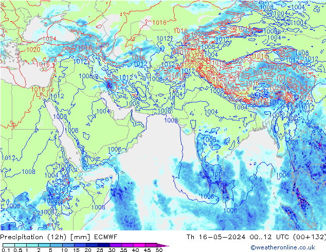 Totale neerslag (12h) ECMWF do 16.05.2024 12 UTC