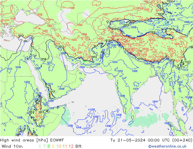 High wind areas ECMWF Út 21.05.2024 00 UTC