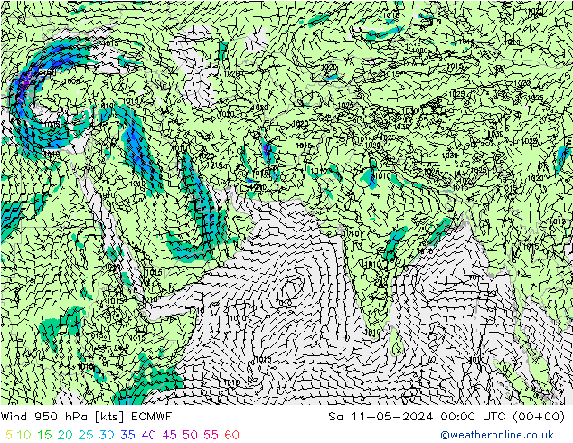 Wind 950 hPa ECMWF za 11.05.2024 00 UTC