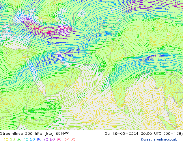 Linea di flusso 300 hPa ECMWF sab 18.05.2024 00 UTC